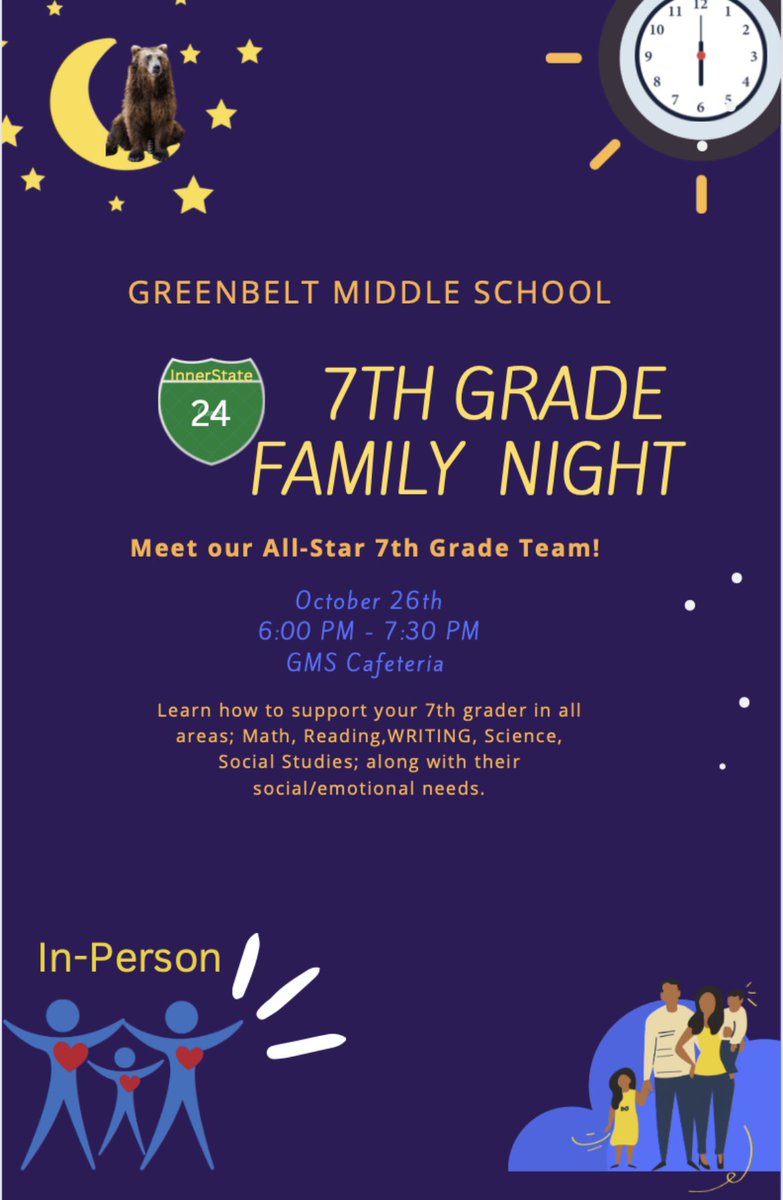 MrsCFButler's tweet photo. 7th Grade Parent Night! October 26th! #InnerState24 @mrclementedu @GreenbeltMiddle @PeaGms @GMS_TAG @colding_mr https://t.co/t0rb65sig3