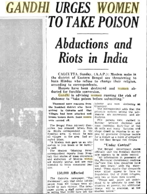 TrulyMonica's tweet photo. Gandhi batted for “honour killing” of women just that he wanted women to do it themselves. “Father of the Nation” sounds like a cruel joke after this. 

News piece from the Noakhali Hindu Massacre coverage https://t.co/36haFeoxem