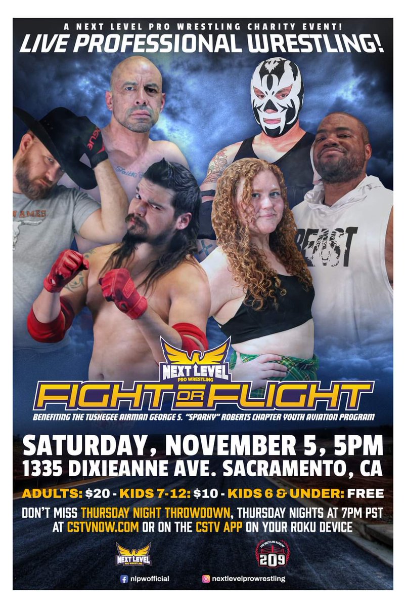 level_wrestling's tweet photo. Ready to take flight #Sacramento ? Join us November 5th for a charitable cause as our show will benefit the Tuskegee airman George s. "Sparky" Roberts chapter youth aviation program! https://t.co/rNxiZoETSm