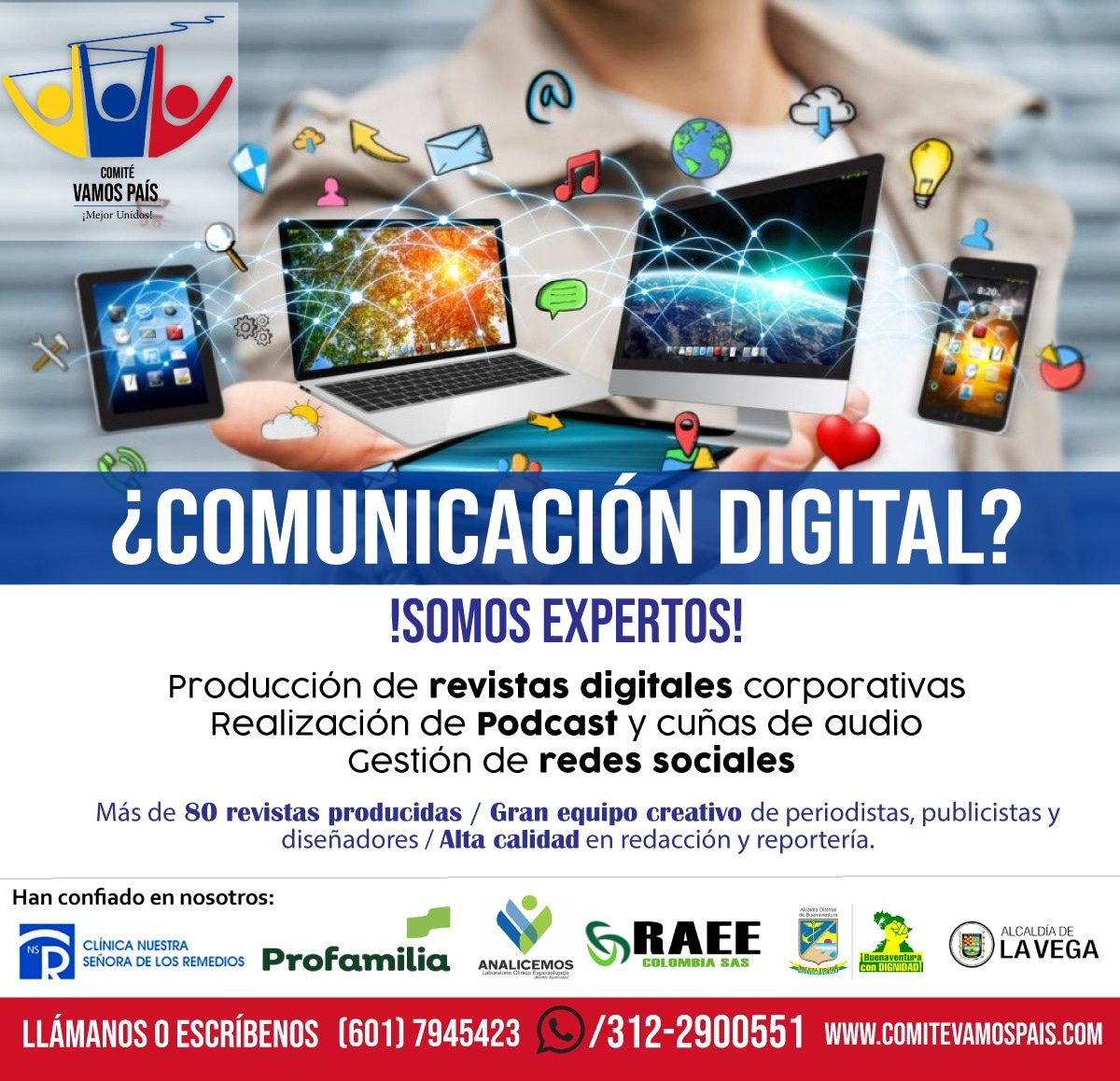 VamosPais's tweet photo. En Comité Vamos País somos especialistas en #comunicaciondigital Una revista corporativa digital? Un podcast? Gestión de redes? 👉  Aquí fue! Contáctanos: 319-2900551 / 3217990692 🌐 https://t.co/elBr9fuMXu #revistas #FelizLunes #Colombia #MarketingDigital https://t.co/Bnl8ZtcLxV