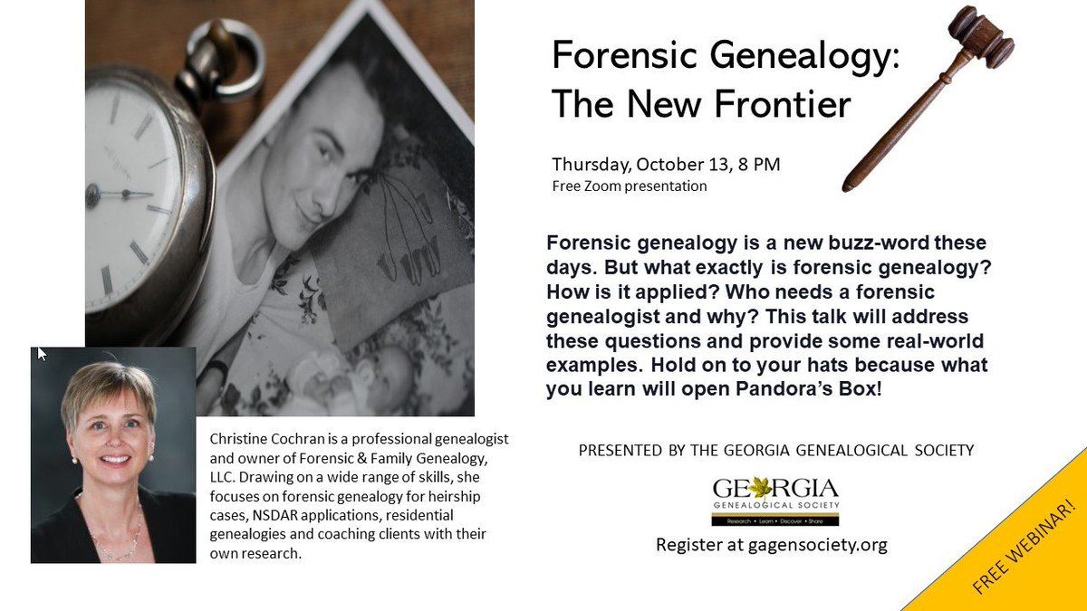 Think you know what forensic genealogy is? This Thursday (Oct 13) at 8 PM ET will be a free webinar by Christine Cochran, "Forensic Genealogy: The New Frontier." Register at: bit.ly/3fPjCaB.