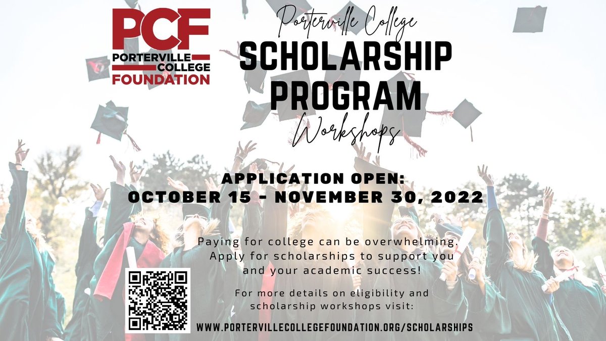 Foundation_PC's tweet photo. Attention Porterville College students: The scholarship application window opens on Saturday, October 15. Register for a scholarship workshop today by visiting https://t.co/TvcQQxTqgx. Workshops give students tips and tricks for application completion and success! https://t.co/5z3wTseW9g