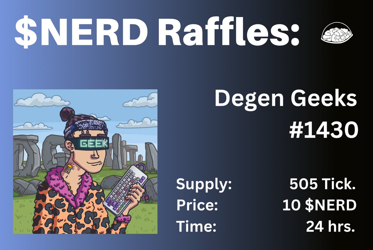 🎟️ $NERD Raffle n.3: 
Naked @DegenGeeksNFT #1430 🎟️

Supply: 505 Raffle Tickets 🎟️
Price: 10 $NERD 🪙

Raffle link: diamondvaults.io/?raffle=ty8KIc…

Good luck <a href="/ApeNerdy/">Nerdy Ape Hub {🧠}</a> holders! {🧠}