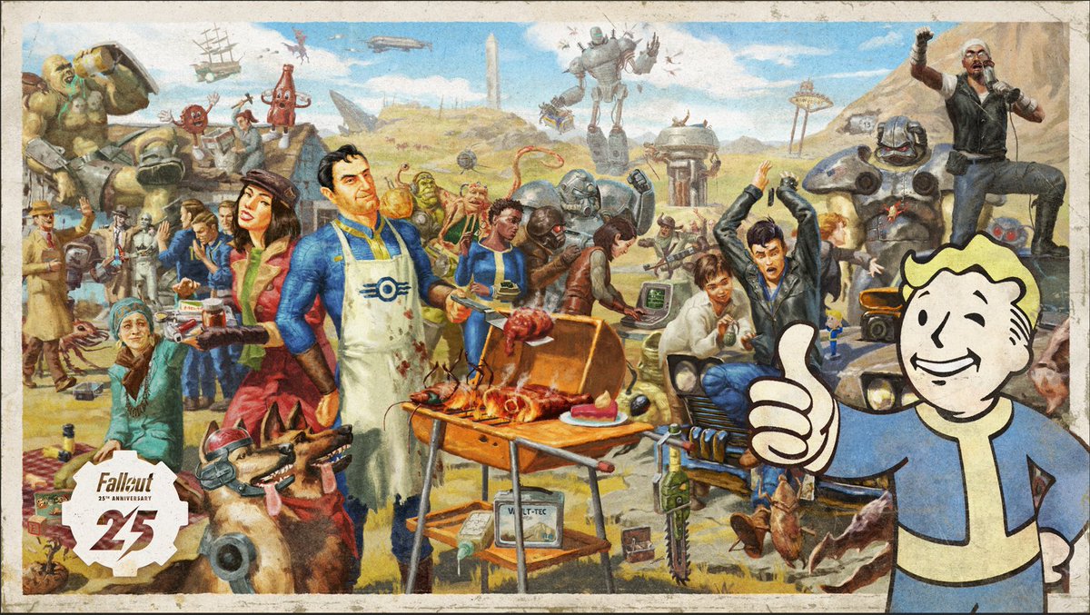 Fallout's tweet image. What do you think grilled radroach tastes like?

RT this tweet for a chance to win a #Fallout25 Keyart Lithograph!
Rules &amp;amp; Regulations: beth.games/3eowLqL