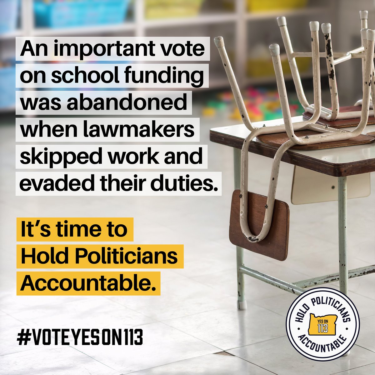 In 2019 the largest increase in school funding for our state was scheduled for a vote - and then a handful of lawmakers were nowhere to be found. Funding our schools should not be at the whim of a few politicians who choose to not show up. Let’s change this! #VoteYesOn113 #orpol