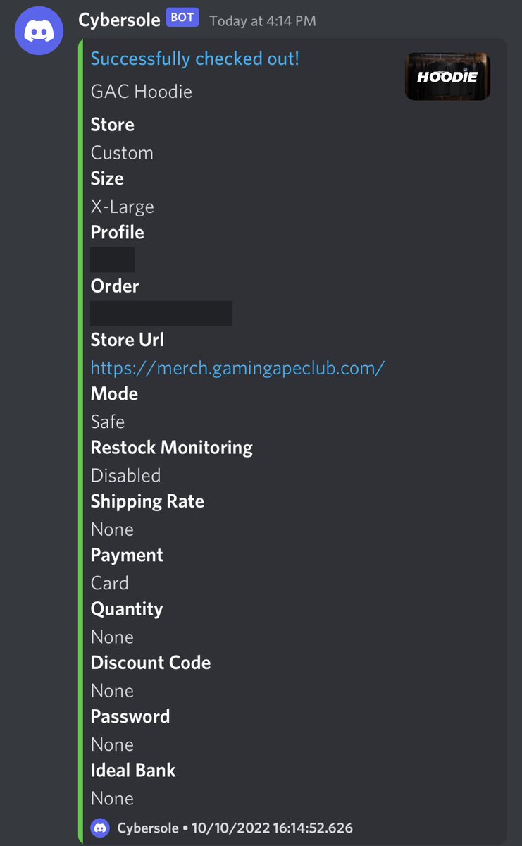 dsoles_eth's tweet photo. Most degen thing I’ve done all day… used my sneaker bot to buy #NFT merch💀🤣 @GamingApeClub , gotta perfect that setup #cybersole #GAC https://t.co/3g1rLhNjRi