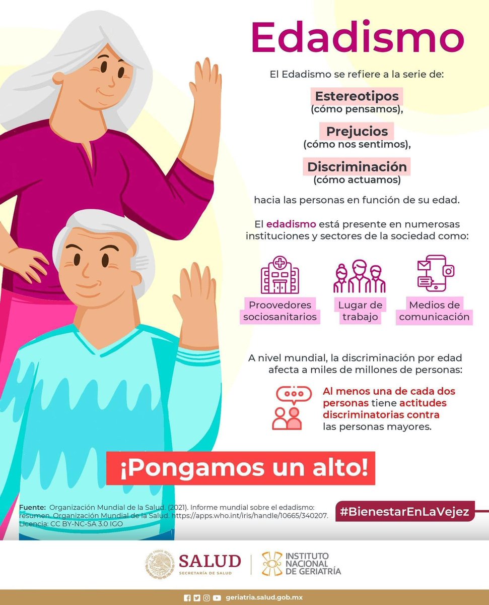 INGER_mx's tweet photo. Según la @WHO el edadismo se refiere a la forma de pensar (estereotipos), sentir (prejuicios) y actuar (discriminación) con respecto a los demás o a nosotros mismos por razón de la edad. Esto puede afectar directamente en la calidad y bienestar de vida de las personas mayores. https://t.co/snT7JVM465