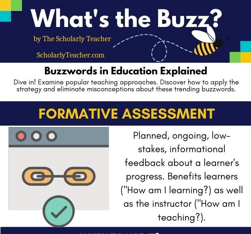 It's another week of #WhatstheBuzz from Scholarly Teacher! This week we're talking about assessments. Let's first talk about Formative Assessment. Do you use it in your class? Find more on ScholarlyTeacher.com #FormativeAssessment #HigherEd #edChat #Teach #Learn