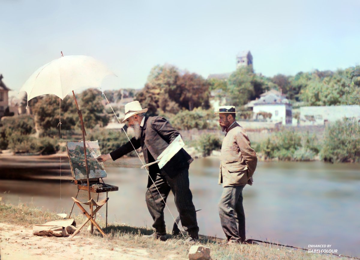 StuartHumphryes's tweet photo. Today I've enhanced a really fabulous early autochrome: Taken by Antonin Personnaz in 1907 (the year autochromes became commercially available), it depicts the artist Armand Guillaumin at work on the banks of the Creuse river in Crozant. It's original colour, not colourised 😍 https://t.co/ZIt2WoK2ZO