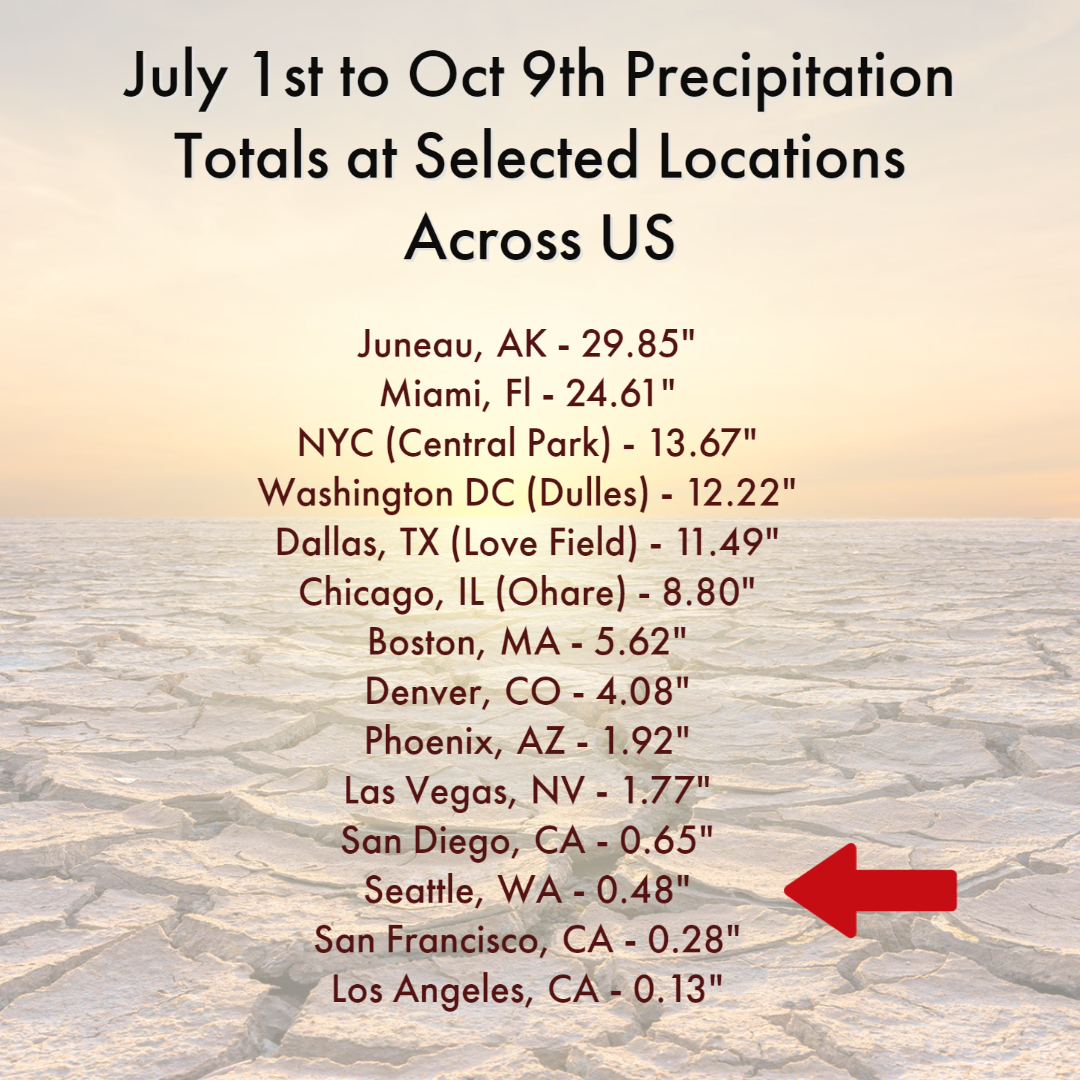 NWSSeattle's tweet photo. For a little more perspective, here's how we stack up since July 1st in the precipitation department against some other cities in the U.S. 

#wawx https://t.co/iCLn22fpl3