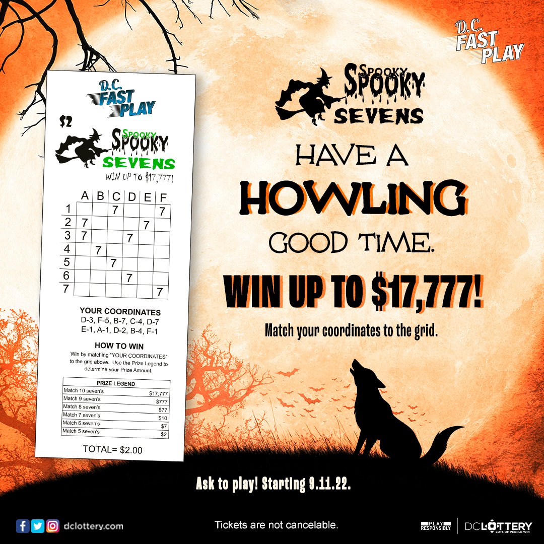 DCLottery's tweet photo. There's nothing scary about this jackpot. Play Spooky 7's at your nearest DC Lottery retailer, and you just may walk away with the jackpot of $17,777! #LotsOfPeopleWin #ItsFunToPlay https://t.co/UFI1LAoTSe