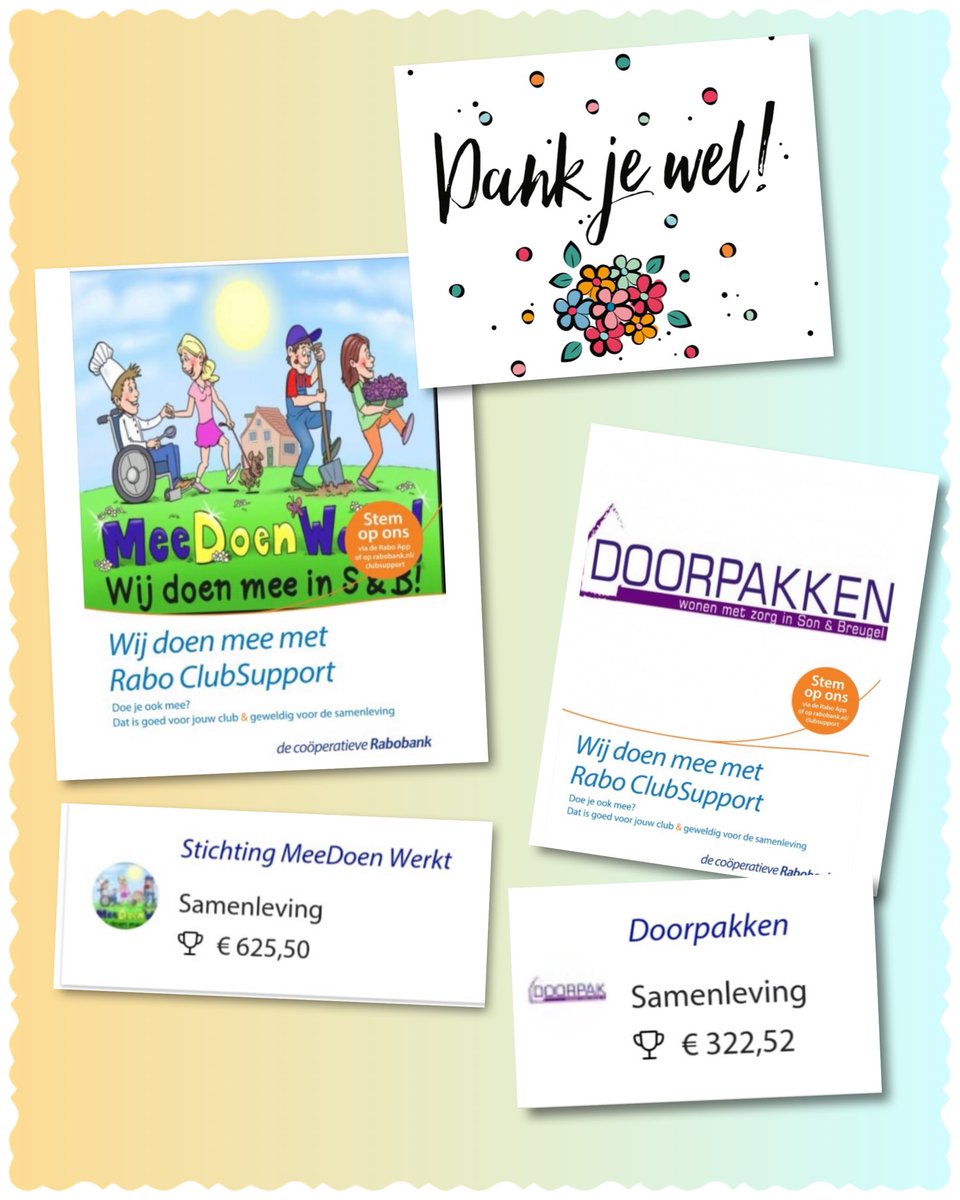 Wat een mooie bedragen mogen wij ontvangen van de Rabo ClubSupport. Iedereen bedankt voor het stemmen op stg. MeeDoen en stg. Doorpakken Wonen #senb
