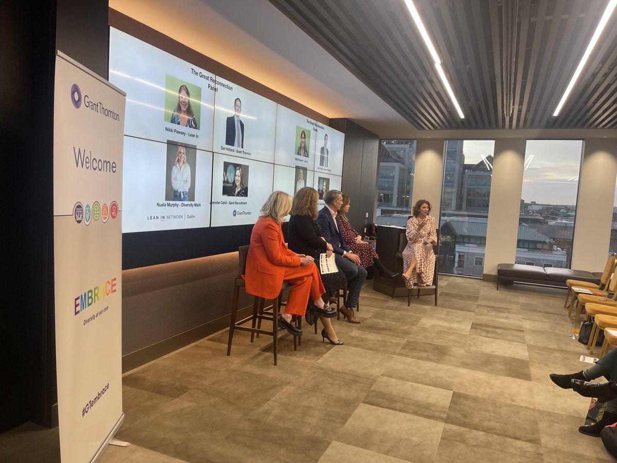 LeanInIreland's tweet photo. Amazing start of LeanIn Dublin’s much awaited the great reconnection event with information on DE&amp;I followed by the panel discussions⁩ ⁦⁦⁦@LeanInOrg⁩ #dublin #grandthorton #thegreatreconnection ⁦@bredamccague⁩ ⁦⁦⁦⁦@nualafmurphy⁩ https://t.co/E4wfjudF7k
