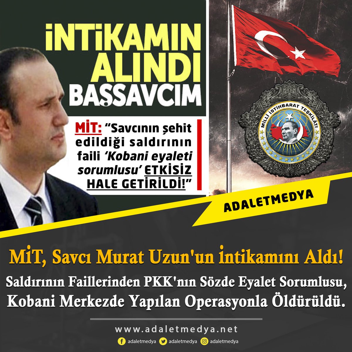 Milli İstihbarat Teşkilatı'nca Cumhuriyet Savcısı #MuratUzun'un şehit olduğu saldırının faillerinden, PKK/YPG'nin sözde 'Kobani eyaleti sorumlusu', 'Koçero Batman/Koçer Amed' kod adlı Hasan Demertaş etkisiz hale getirildi.