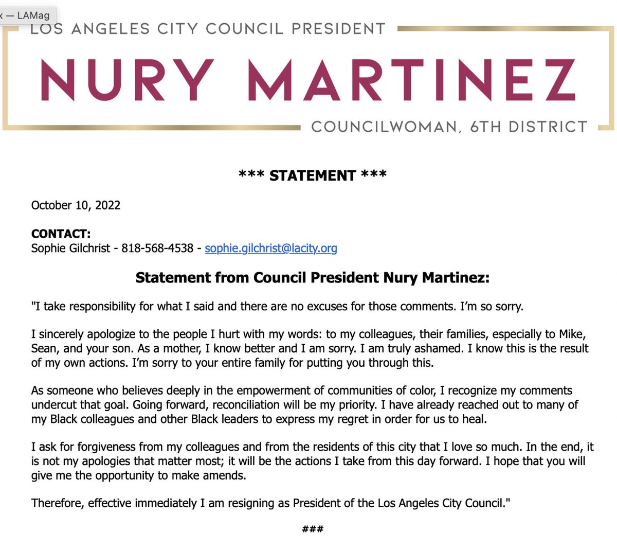 kdolak's tweet photo. Statement from Nury Martinez on her immediate resignation: https://t.co/h3xWhvTrQH
