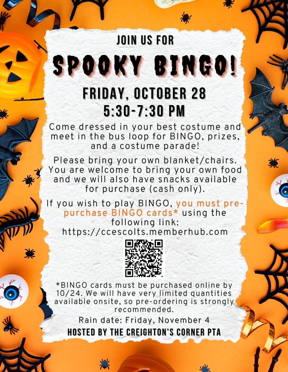 corner_pta's tweet photo. Something spooky is coming to @the_corner_lcps.

Pre order your bingo cards and join us in the bus loop for BINGO and prizes! 

https://t.co/AVOiw9UM1k https://t.co/6NQL9E4Dzv