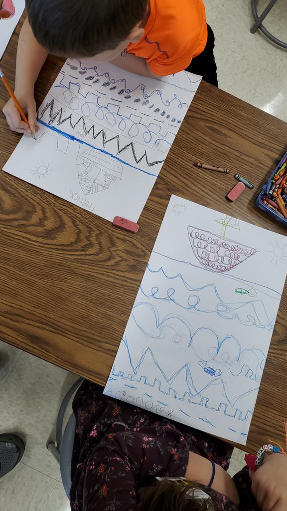 1st grade is working on a line and pattern ocean design.  The water is made with different types of line and patterns.  Then they were able to add a boat on the top of the water. Students are tracing their lines with crayons and will be adding watercolor paint soon.