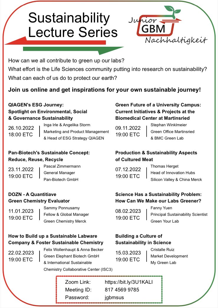 Our newly founded Sustainability Group organized a lecture series on sustainability in the life sciences! Check it out 🌱