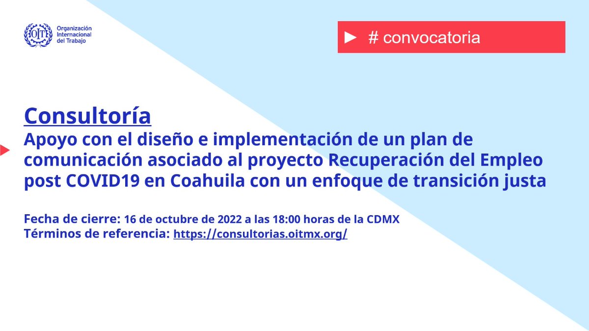 OITMexico's tweet image. #Consultoría
Se abren convocatorias para proyectos en #Coahuila
✅ Eliminación de barreras de género
✅ Plan de comunicación

Conoce los términos de referencia en:
consultorias.oitmx.org