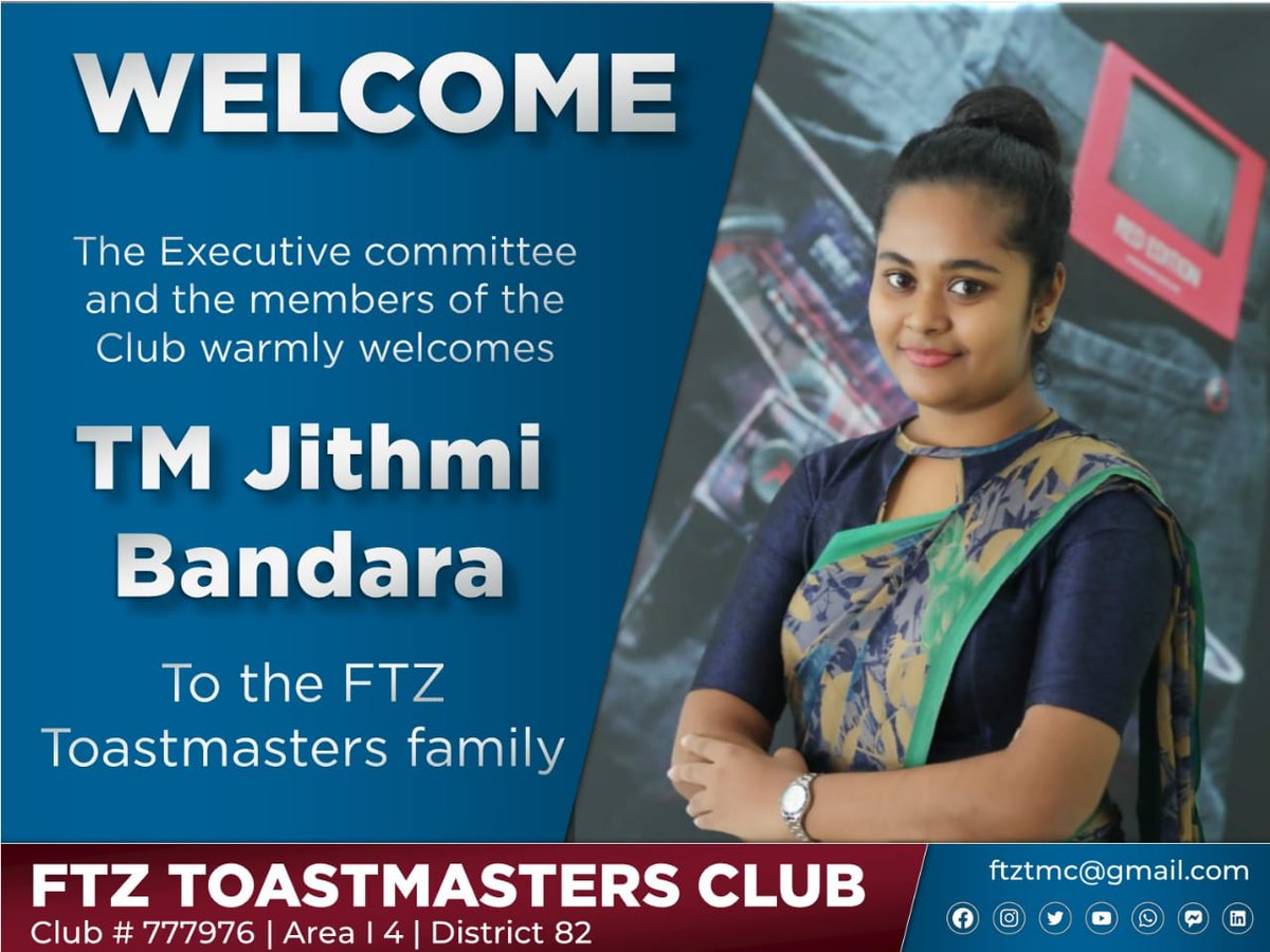 The Executive committee and the members of the FTZ Toastmasters Club warmly welcomes TM Jithmi Bandara to the FTZ Toastmasters family.
All the bests TM Jithmi for a successful Journey with Toastmasters.
#welcometothefamily FTZ Toastmasters Club #newmember