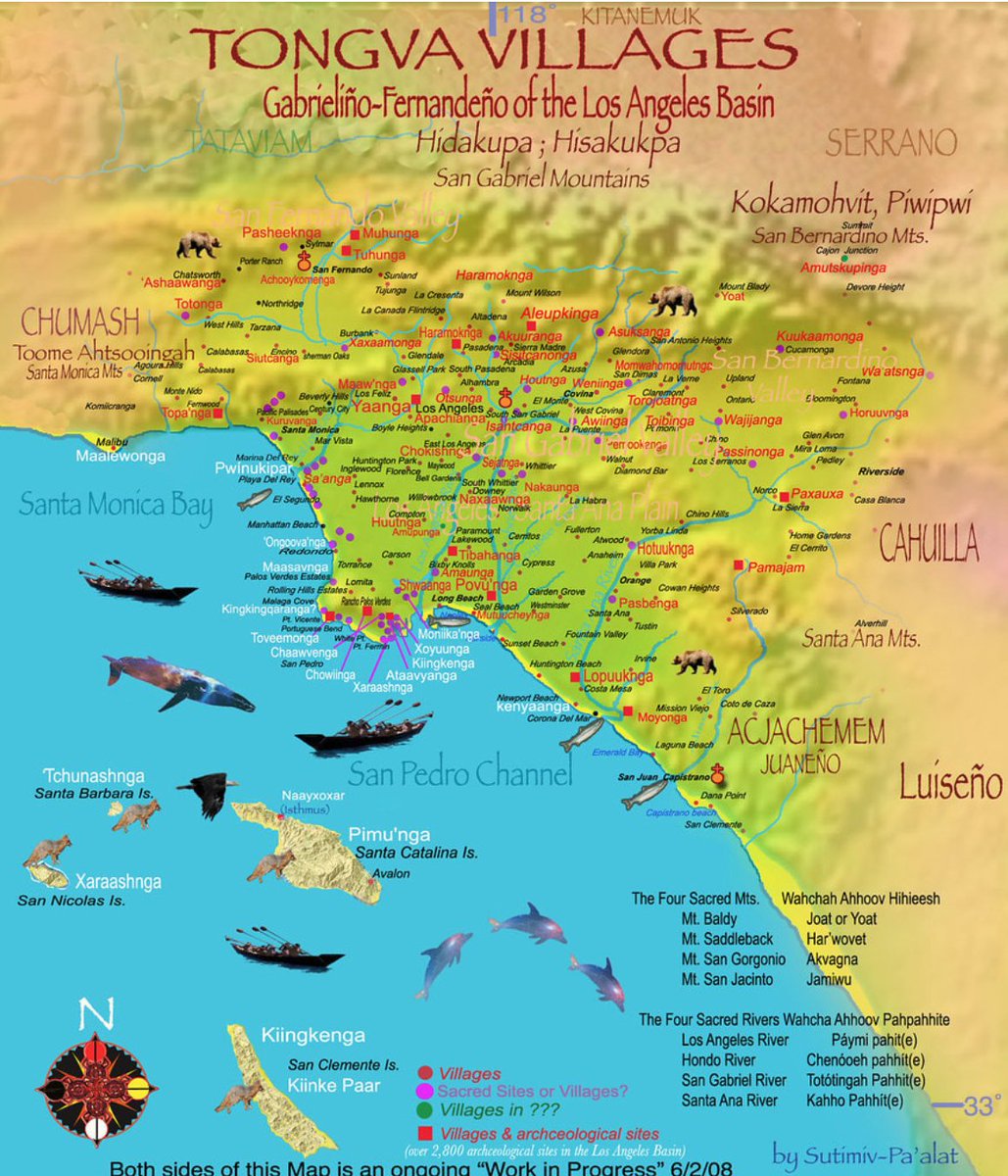 LAhistory's tweet photo. In honor of Indigenous Peoples Day, a map of Tongva villages by Sutimiv-Pa’alat located on the website of Julia Louise Bogany, the Tongva elder and educator who passed away in 2021. https://t.co/cCqm468Gmf #IndigenousPeoplesDay #Tongva #Tongvaland https://t.co/ZQ5XiCER4X