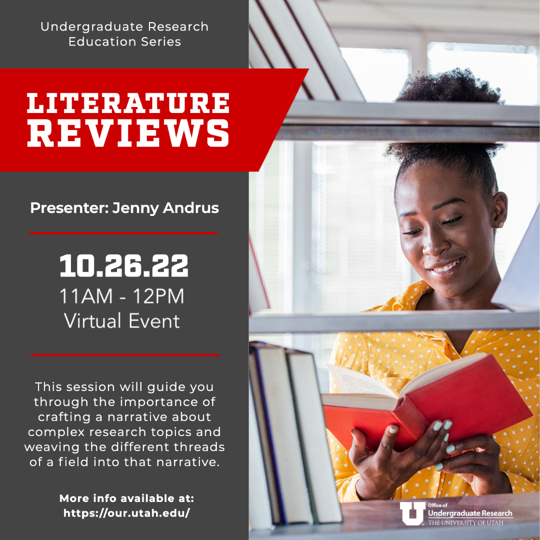 Join us tomorrow the @uofuour  education series! Designed for any @UofUUndergrad working on literature reviews - a standard part of research publications.

Presented by Jenny Andrus @UofUHumanities on Wed., October 26  11am to 12pm.

Register https://t.co/D8rDWWpH0j https://t.co/GsJxV7dK8H