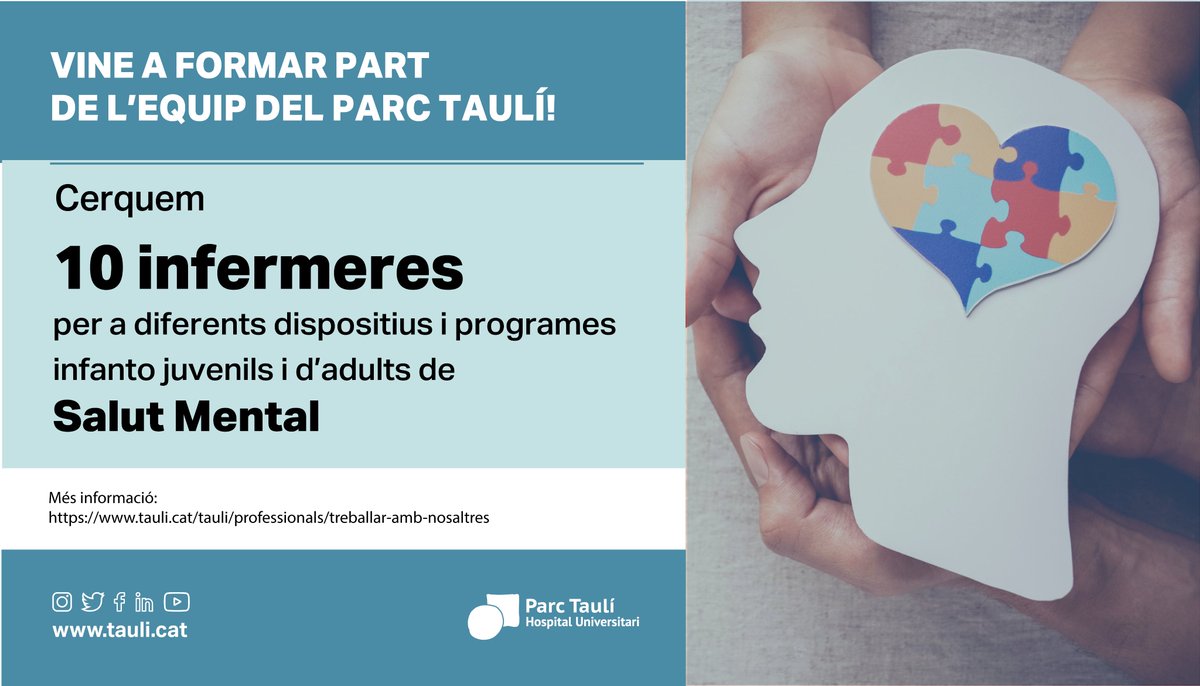 🟢🔵Coincidint amb l’ampliació i posada en marxa de nous programes i dispositius assistencials de #SalutMental, en els pròxims 6 mesos necessitem incorporar 10 #infermeres! 

✍️Informació i inscripcions > bit.ly/3V9dnP8

Vine a formar part de l'equip del Parc Taulí!