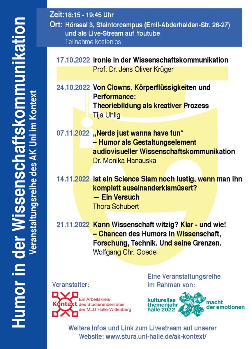 Ironie in der Wissenschaftskommunikation - geht das gut?

Darüber spricht Prof. Dr. Jens Oliver Krüger am 17.10. in der Auftaktveranstaltung der Reihe "Humor in der Wissenschaftskommunikation" des AK Uni im Kontext.

weitere Infos: stura.uni-halle.de/ak-kontext/