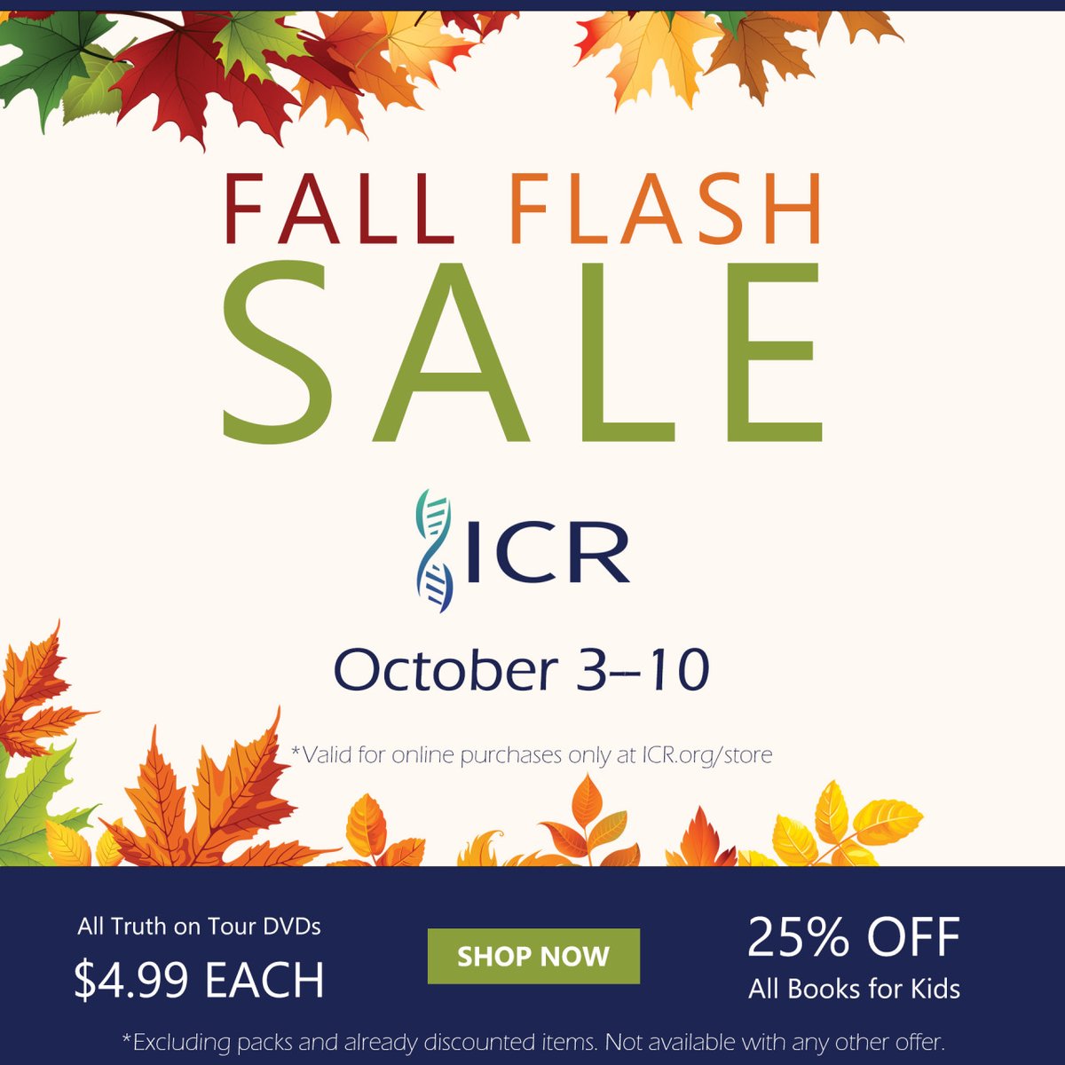 ICRscience's tweet photo. 🍁 LAST DAY🍁
Shop https://t.co/BfNoKlMP3o for these great deals!
📀 All Truth on Tour DVDs $4.99 ea. https://t.co/wiIgeBmiBc
📚 All Kid's books 25% Off https://t.co/EIdKPFrCSG
#FallFlashSale #ICR #Fall #Sale #KidsBooks #ChildrensBooks #DVDs #Autumn #Deals #Creation https://t.co/UDlSzVQt1u