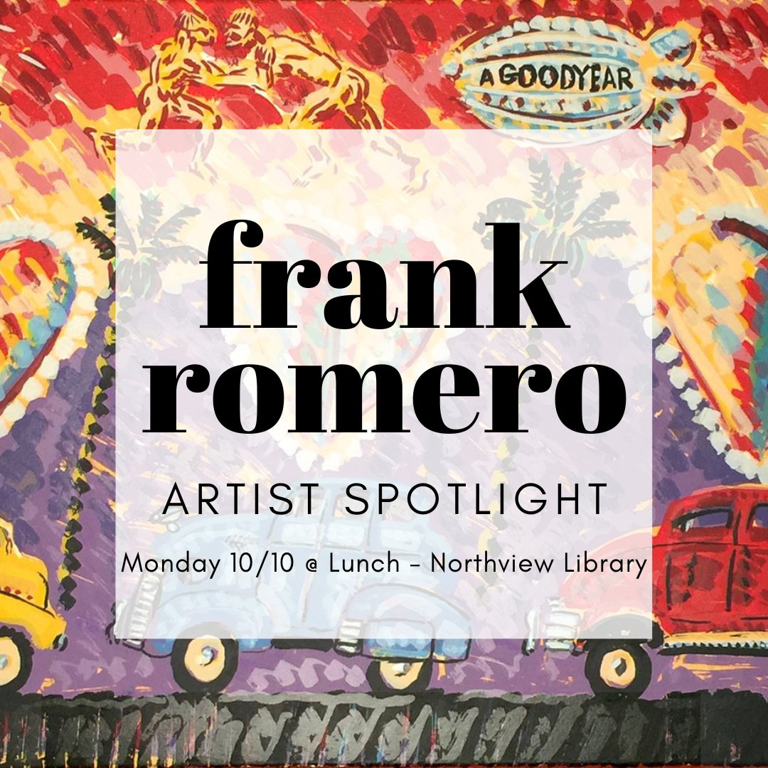 NHSLibrary_'s tweet photo. TODAY @ LUNCH! Join us to learn about Chicano artist Frank Romero and make your own Romero-inspired mural square to add to our community mural #LatinxHeritageMonth 
🎨Background image: Frank Romero, "Going to the Olympics," 1984
@NHSVikings @NHS_ASB https://t.co/W87rqjHLMv