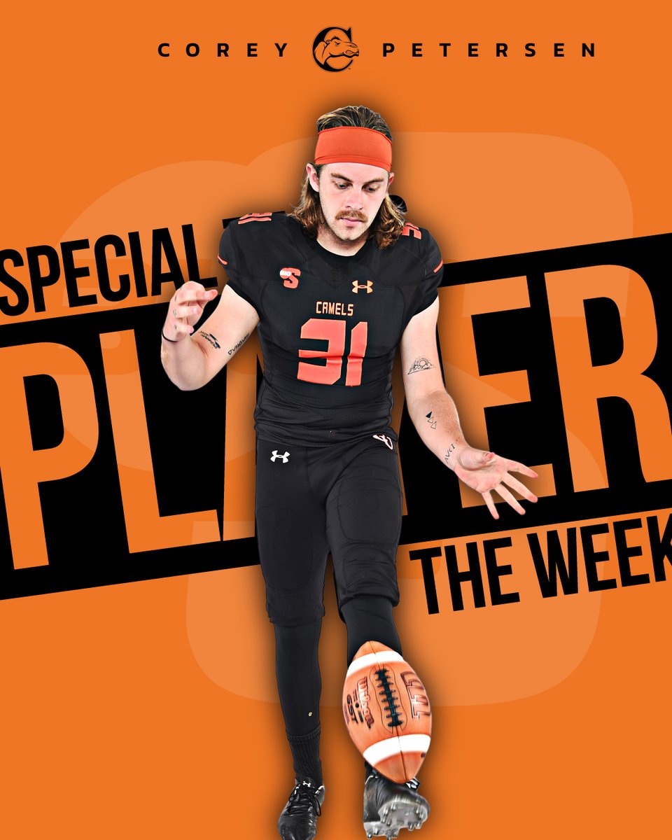 BigSouthSports's tweet photo. He averaged 42.6 yards on his five punts against Charleston Southern.

@GoCamelsFB's Corey Petersen is the #BigSouthFB🏈 Special Teams Player of the Week! https://t.co/KWbb0uiy04