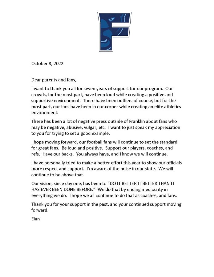 Open letter from our coach to our fans