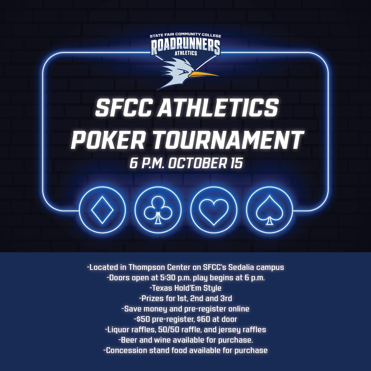 Don't miss our Poker Tournament fundraiser this weekend! Come out and have a fun night while supporting SFCC Athletics. $50 when you pre-register, $60 at the door. Pre-register at sfccmoroadrunners.com/support/Fundra…