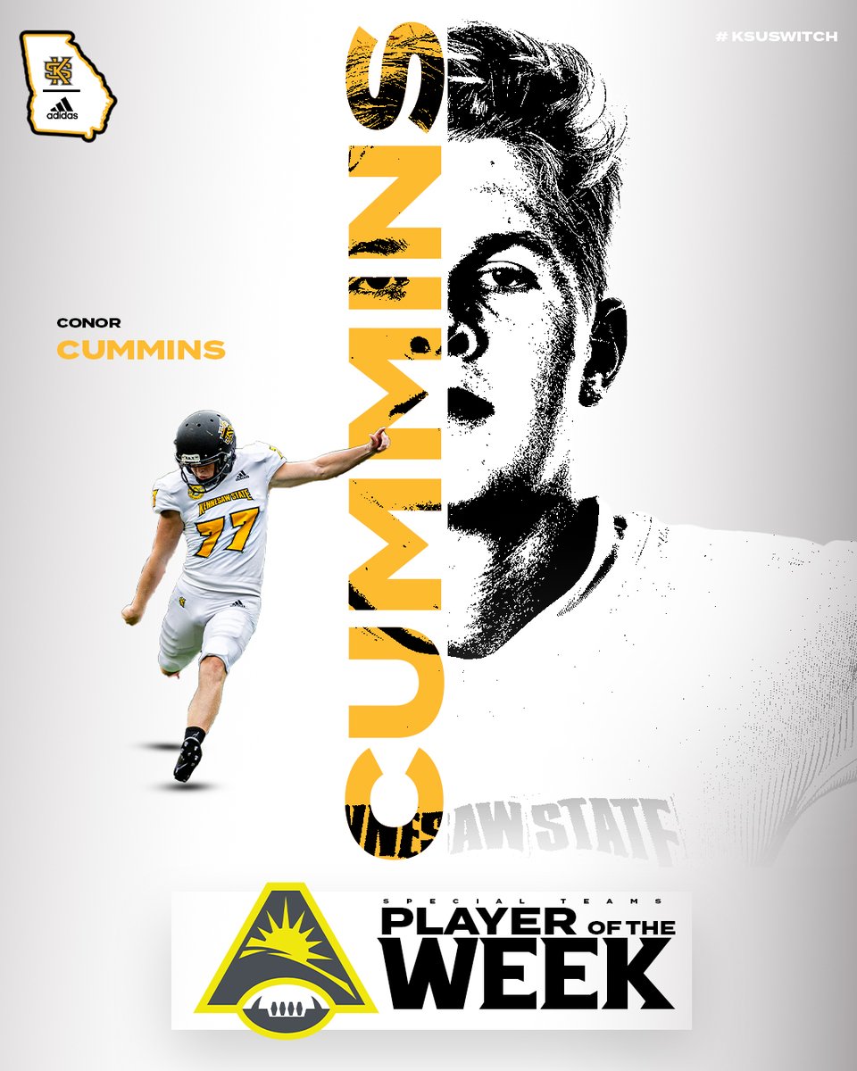 kennesawstfb's tweet photo. Conor kicked his way into ASUN Special Teams Player of the Week honors today 🙌👍

🔗 https://t.co/367HNIkYCk

#GoldStandard | #KSUSwitch https://t.co/T4FSxmBJEG