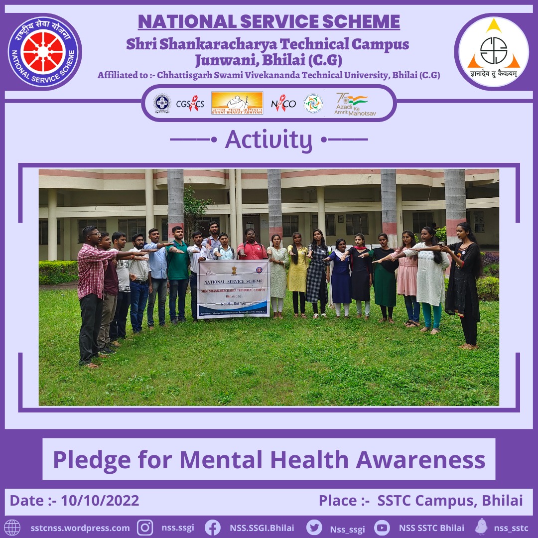 Nss_ssgi's tweet photo. Jai Hind🇮🇳

On #10thOct2022, @Nss_ssgi celebrated #WorldMentalHealthDay by taking #pledge for #MentalHealthAwareness. The pledge was taken to spread #awareness to #improve our &amp; others #Mentalhealth.
#NSS

@YASMinistry
@_NSSIndia
@NSSRDBhopal
@askabir_
@SamarendraS21
@dr_dsraghu https://t.co/aIb9Xo7tuV