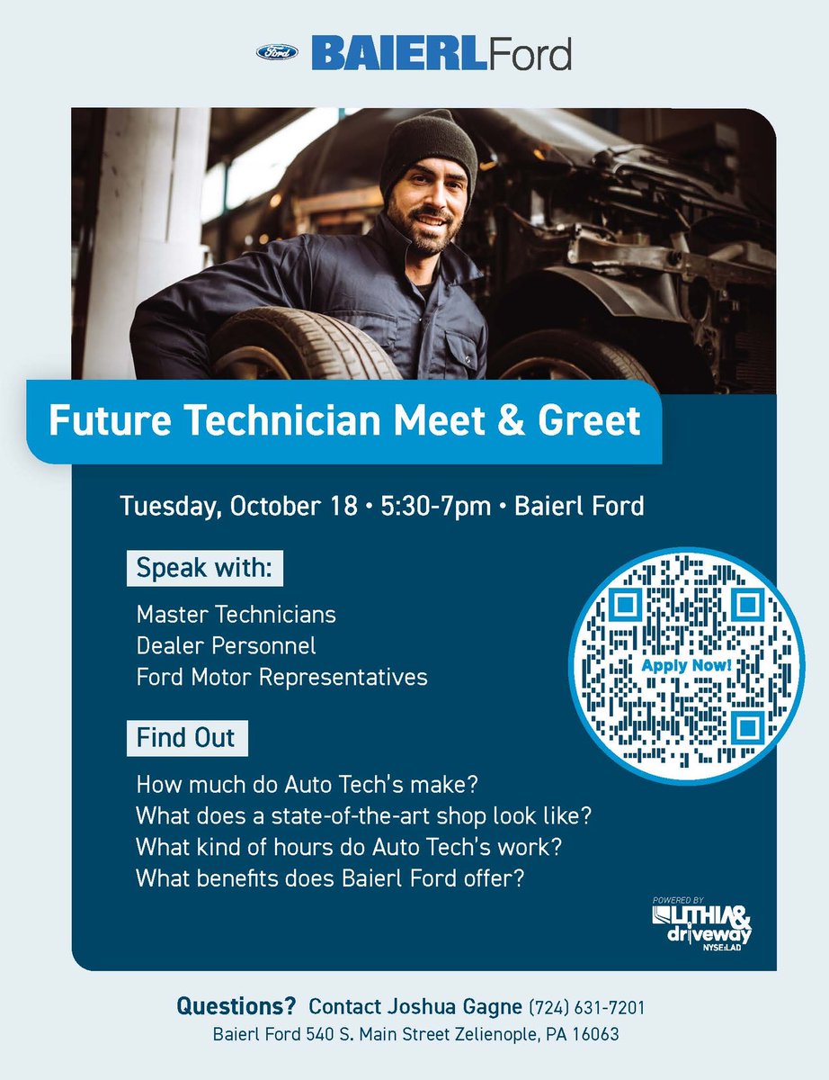 Attention Future Automotive Technicians! 

Baierl Ford is hosting a Future Technician Meet & Greet on Tuesday, October 18 from 5:30-7p.m.

#automotivetechnician #butlervotech #careerandteched