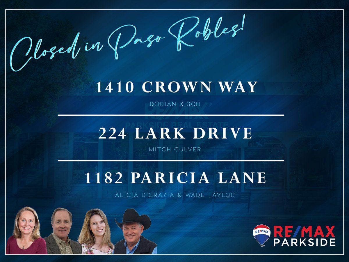 REMAXParksideRE's tweet photo. Congratulations to our wonderful agents Dorian Kisch, Mitch Culver, Alicia DiGrazia, &amp; Wade Taylor for their closings in Paso Robles! #wherelegendsaremade #realestate #REMAX https://t.co/hP5Iim7u1z