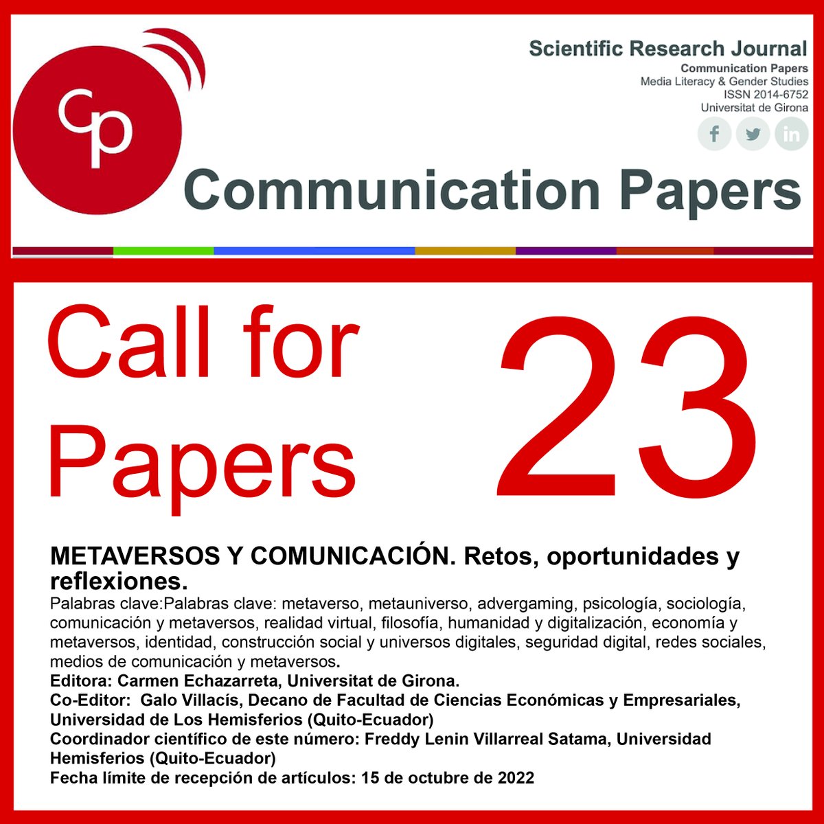 revicompapers's tweet photo. Pensar el metaverso. Número especial en coedición con la @uhemisferios y @univgirona. Fecha límite de recepción de artículos: 15 de octubre de 2022 https://t.co/dDi75F7X9h