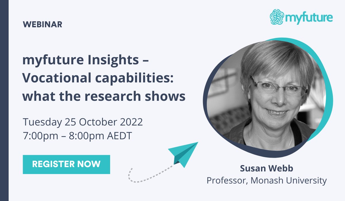 myfuture (@myfutureau) on Twitter photo Join our upcoming webinar, where Professor <a href="/suetweeting/">Susan Webb</a> from <a href="/MonashUni/">Monash University</a> will draw on the research around the importance of post-school education and training, and explores the provision of career information using the concept of vocational capabilities. register.gotowebinar.com/register/91143… Join our upcoming webinar, where Professor <a href="/suetweeting/">Susan Webb</a> from <a href="/MonashUni/">Monash University</a> will draw on the research around the importance of post-school education and training, and explores the provision of career information using the concept of vocational capabilities. register.gotowebinar.com/register/91143…