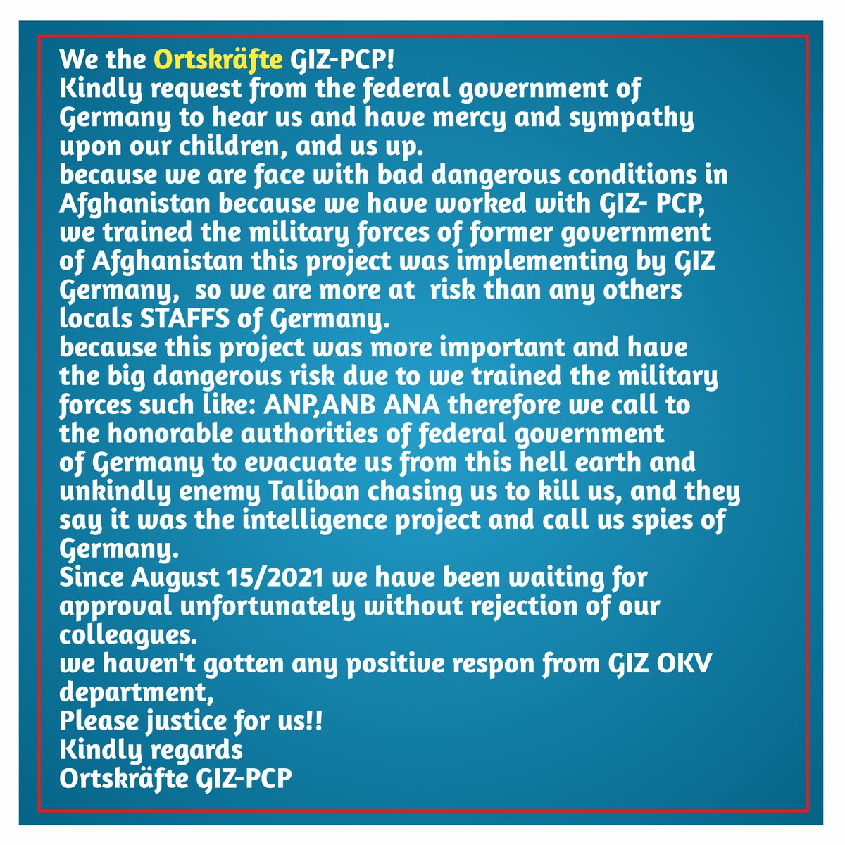 What a big cheat with #GIZPCP employees by <a href="/giz_gmbh/">GIZ</a> &amp; 🇩🇪 government!
More than a year they cheated us with Data collection form &amp; a link which was sent to us by OKV.
It’s shame for @ABaerbock <a href="/NancyFaeser/">Nancy Faeser</a> <a href="/SvenjaSchulze68/">Svenja Schulze</a> to they leave us alone in a very bad situation.