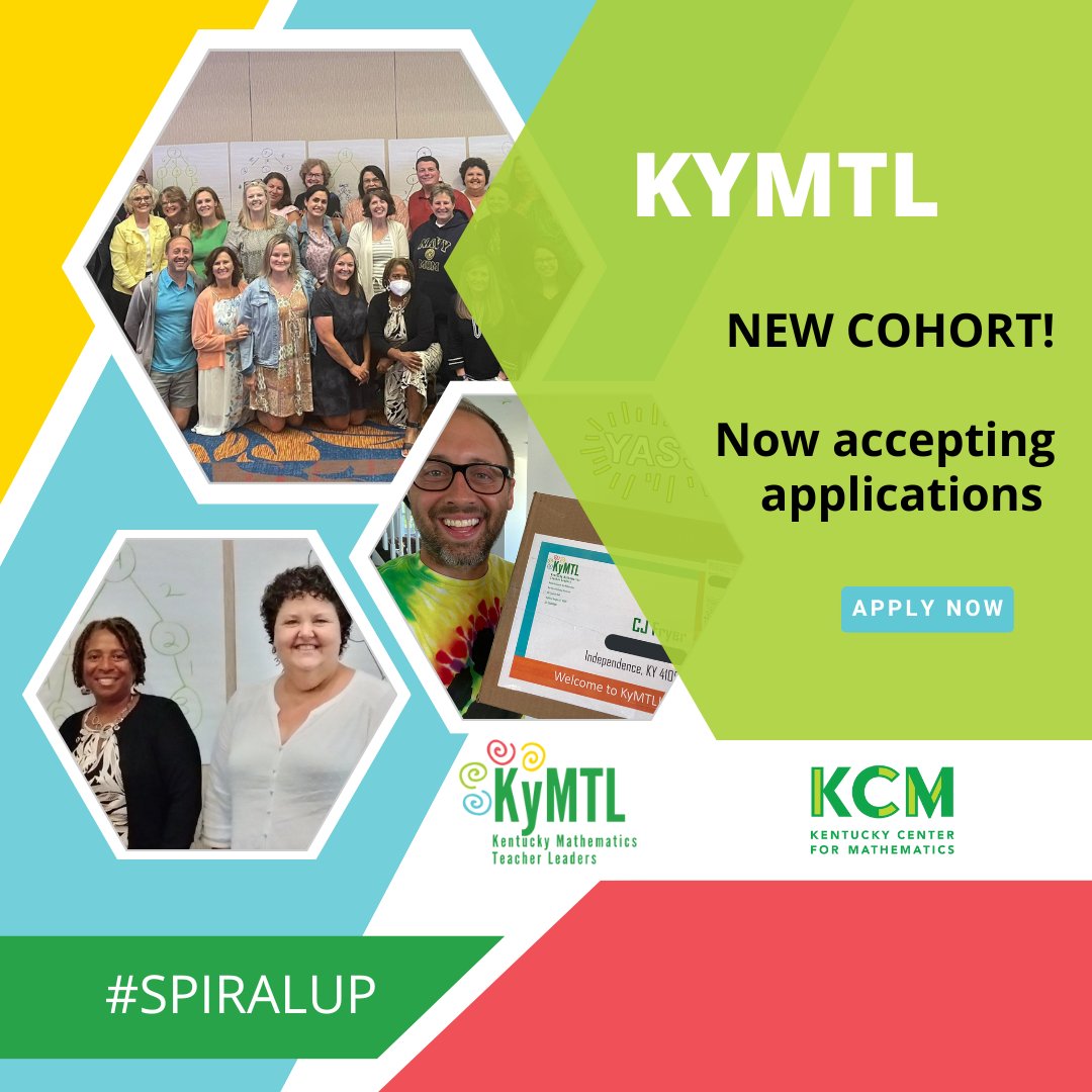 KyCenterforMath's tweet photo. Are you ready to #SpiralUp?! KCM is now taking applications for new Kentucky Math Teacher Leaders (KyMTLs)! Join a community with some of the most passionate mathematics classroom teachers in the state &amp; gain valuable leadership skills. Apply now: https://t.co/61Ql7NOUWq https://t.co/txqXg9MGk8