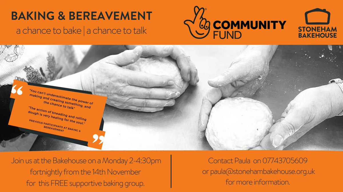 stonehambake's tweet photo. One of the parts of our Baking for Wellbeing project funded by the great people at @TNLComFund is a support group for those who have been bereaved. We're starting a new group in November. If you would like more information, please do get in touch #bakingforwellbeing #bereavement https://t.co/t20cISOMIR