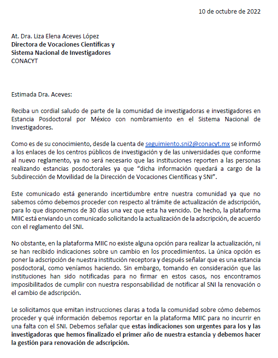 POSDOCsinSNI's tweet photo. Solicitamos al @Conacyt_MX que aclare cuál será el procedimiento para que las y los investigadores posdoctorales llevemos a cabo la actualización de nuestra adscripción como lo solicita el reglamento del SNI. Urgen procedimientos claros y concretos. https://t.co/KqGildqzuI