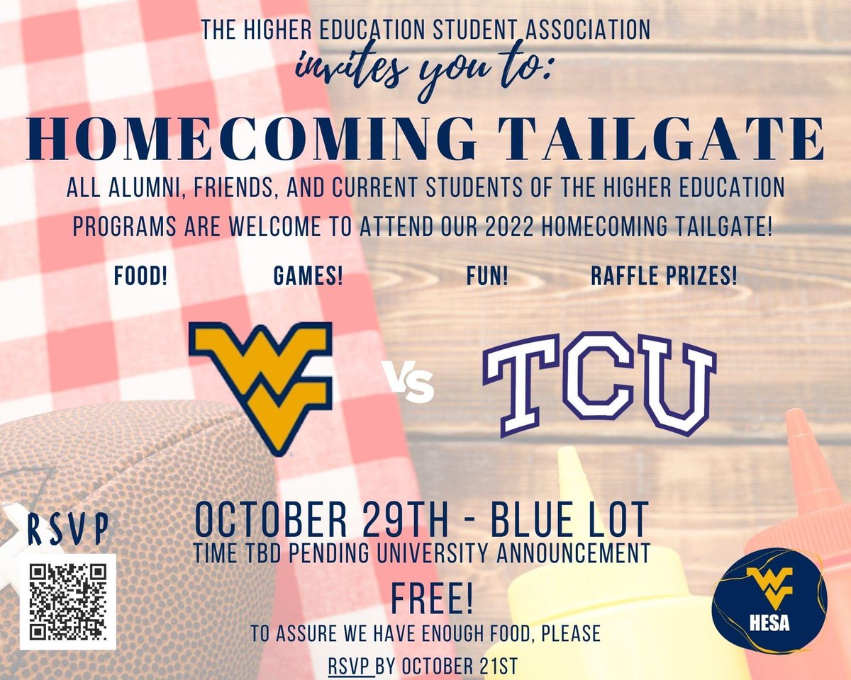 Please join us for a Homecoming Tailgate prior to the WVU vs. TCU game on Saturday October 29th, 2022! 🏈 Please RSVP at the following link by October 21st to let us know you are coming! We hope to see you there! 💛💙 wvu.qualtrics.com/jfe/form/SV_6t…