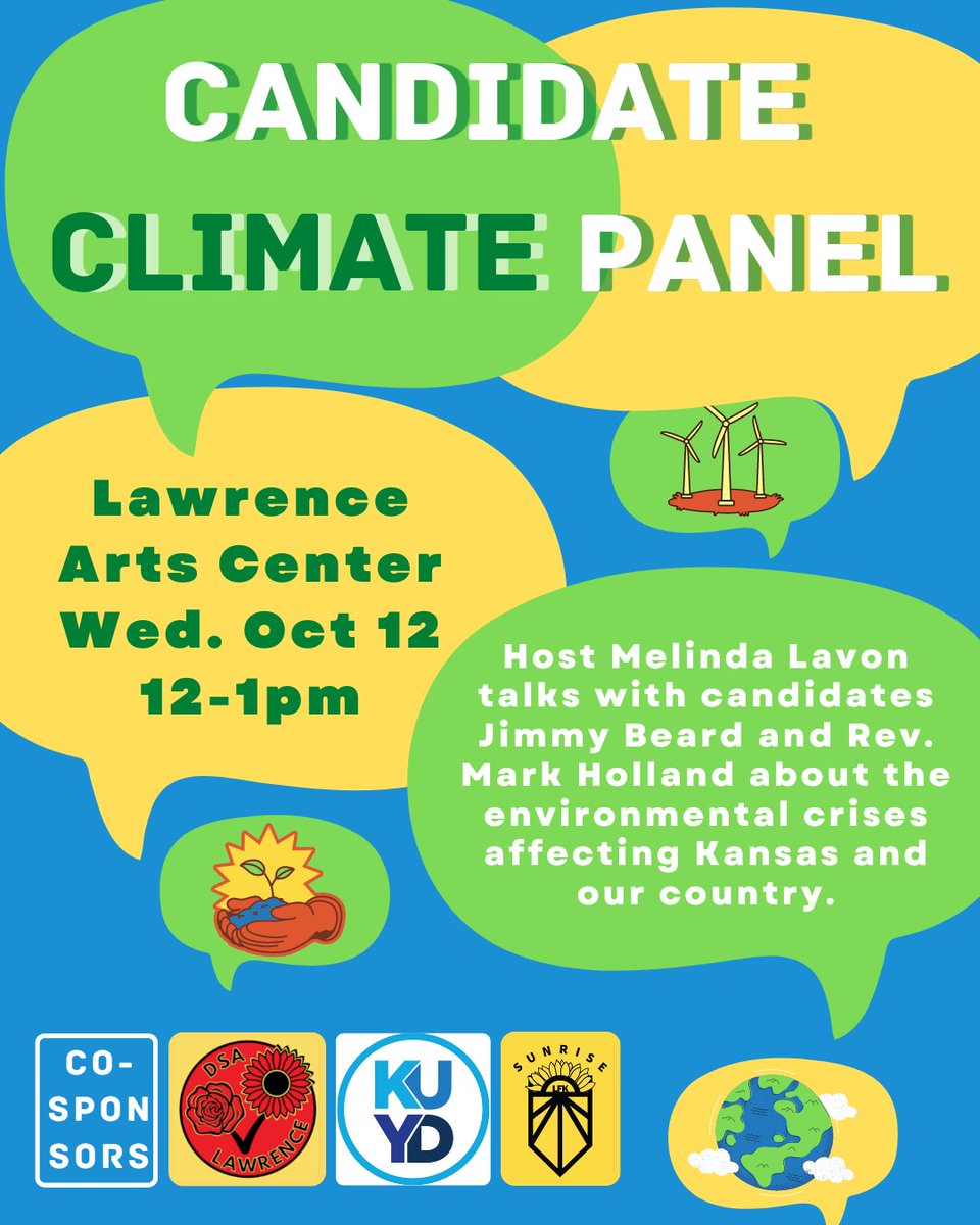 Curious about candidates views on environmental justice and climate change? Join us on Oct. 12 from Noon to 1 at the Lawrence Arts Center for a Candidate Climate Panel. Melinda Lavon from DSA LFK will host, with candidates Jimmy Beard and Rev. Mark Holland answering questions.