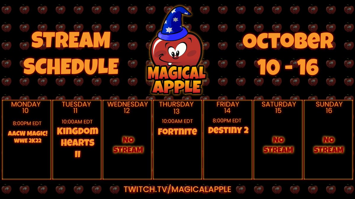 MagicalApple90's tweet photo. Here's the schedule for this week!

🍎https://t.co/f4PE8N4mQP🍎

⭐ AACW Magic!

⭐ Kingdom Hearts II

⭐ Fortnite

⭐ Destiny 2

#TwitchStreamers #GamersUnite https://t.co/LhGGLNCH5N