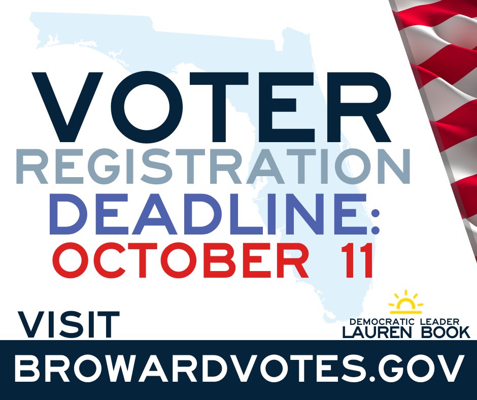 The deadline to register to vote in Florida is TOMORROW, October 11. This election is too important for anyone to stay home. Broward voters, visit browardvotes.gov.