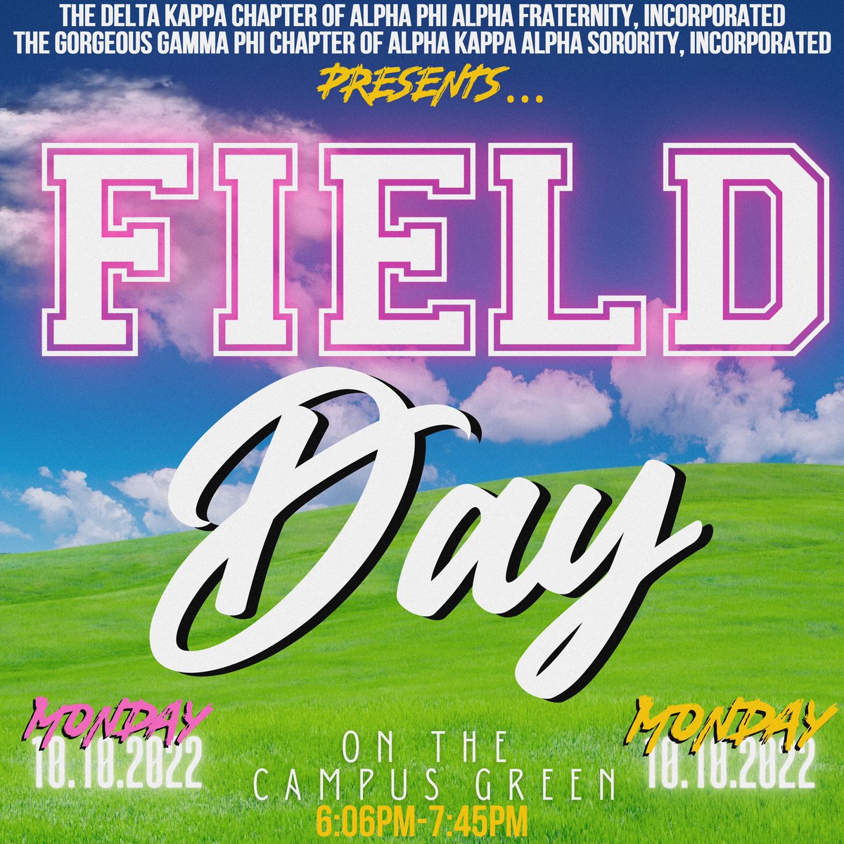 Join The Gamma Phi Chapter of Alpha Kappa Alpha Sorority, Incorporated and The Delta Kappa Chapter of Alpha Phi Alpha Fraternity, Incorporated on the Campus Green for a FUN FIELD DAY 🐸💗🦍🖤
#AKA1908 #PHamWeek #FIELDDAY