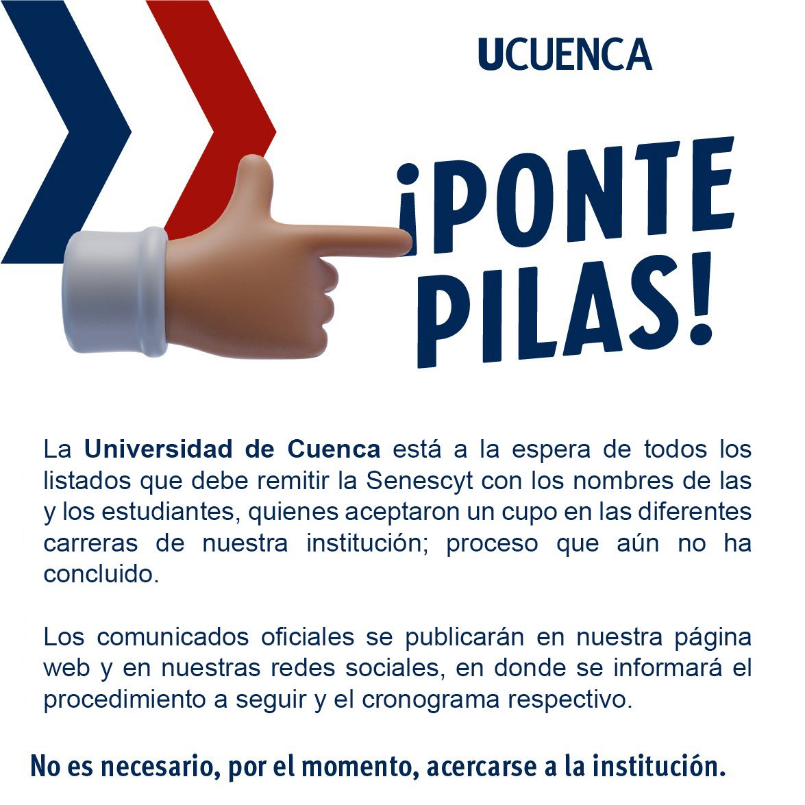 #IngresoUCuenca

¿La Senescyt te otorgó un cupo para la #UCuenca? 

Sigue nuestras redes que en los próximos días publicaremos el paso a paso para que realices tu matrícula.

👀  No es necesario que acudas la institución en estos días.
