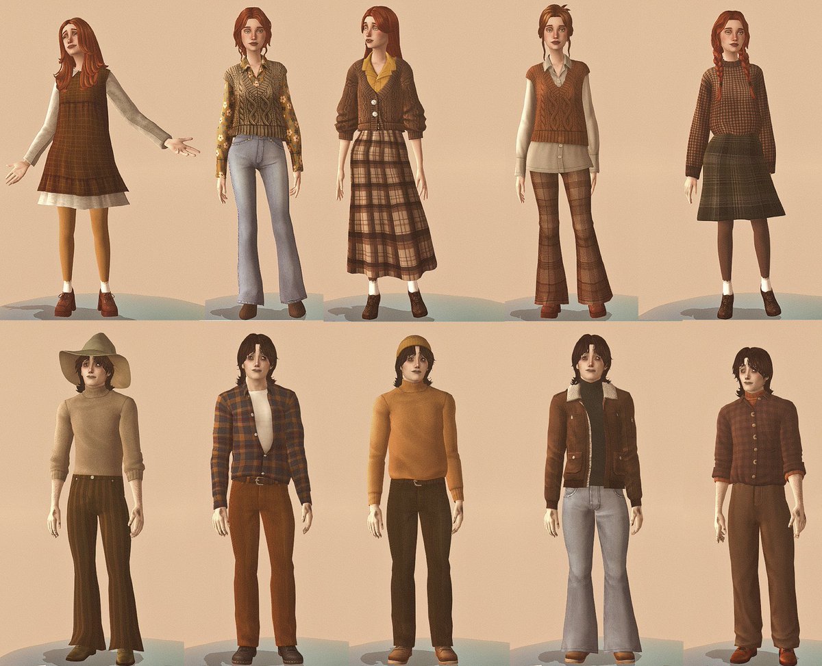 HalloweenSims's tweet photo. I am winding down in CAS with teen Riley &amp; Michael, creating some cozy outfits🥰 Autumn is definitely her season, she likes modest and comfy clothes😊🤎 I am not very good at dressing male sims, but I think these outfits work for Michael. #slasherhigh https://t.co/kFqnkk6nR1